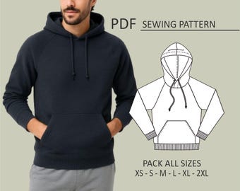 PATTERN Basic Hoodie for Men, Men’s Hooded Sweatshirt, Sewing Pattern, Digital, Pattern PDF, Pack Size XS - 2XL, Instant Download