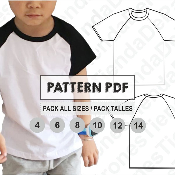 PATRON Remera Ranglan de Niños, Patrón de costura, Digital Imprimible, Patron PDF, Pack todos los talles 4 al 14. Descarga Inmediata