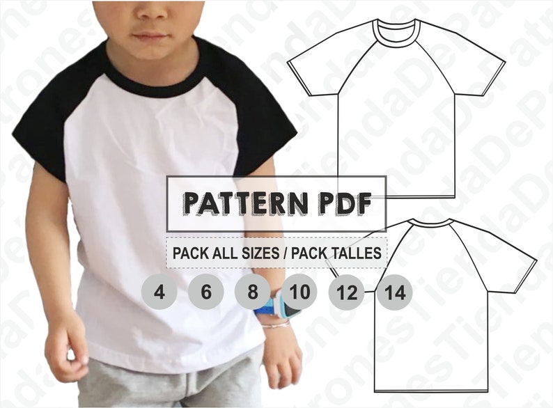 Puede incluir: Un patr&oacute;n PDF de camiseta de b&eacute;isbol blanco y negro para las tallas 4, 6, 8, 10, 12 y 14. El patr&oacute;n incluye una vista frontal y posterior de la camiseta.