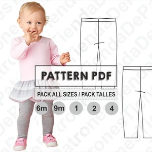 May include: A digital download pattern for leggings in sizes 6 months, 9 months, 1, 2, and 4. The pattern is for a pair of leggings with a straight leg and a waistband. The pattern is available in a PDF format.
