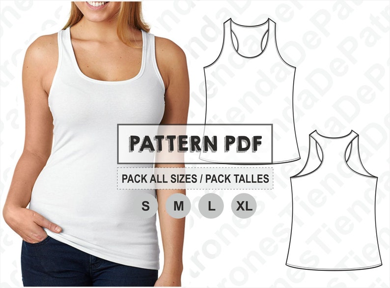 May include: A digital download of a tank top sewing pattern in PDF format. The pattern includes sizes S, M, L, and XL. The image shows a white tank top on a model and a line drawing of the tank top.