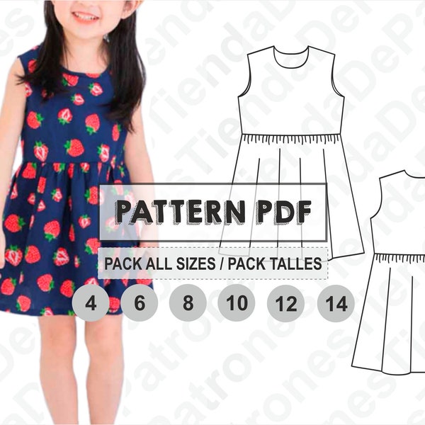 PATTERN Girls Dress, Patron de couture, Imprimable numérique, Patron PDF, Pack toutes les tailles 4 à 14. Téléchargement immédiat