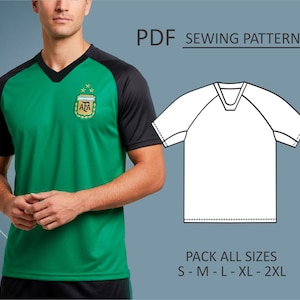 Könnte beinhalten: Grünes und schwarzes Fußballtrikot mit dem Emblem der argentinischen Nationalmannschaft. Das Trikot hat einen V-Ausschnitt und kurze Ärmel. Das Bild enthält auch ein Schnittmuster und den Text "PDF SEWING PATTERN" und "PACK ALL SIZES S - M - L - XL - 2XL."