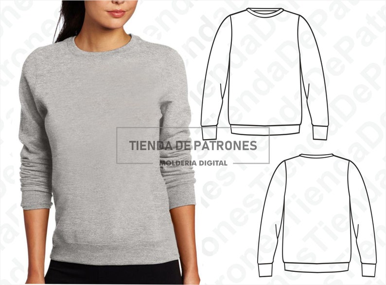 Puede incluir: Una sudadera gris de manga larga con cuello redondo. La sudadera se muestra en una modelo. La imagen tambi&eacute;n incluye un dibujo de l&iacute;nea de la sudadera, mostrando las vistas frontal y posterior.