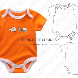 Peut inclure: Combinaison b&eacute;b&eacute; orange avec une bordure blanche et un motif d'&eacute;l&eacute;phant et de train de dessin anim&eacute;. La combinaison est pr&eacute;sent&eacute;e &agrave; c&ocirc;t&eacute; d'un mod&egrave;le vierge pour une combinaison b&eacute;b&eacute;.