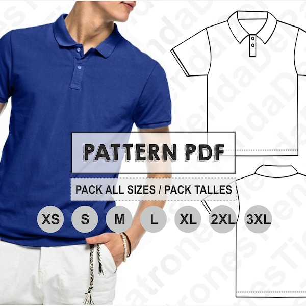MUSTER Herren-Poloshirt, Schnittmuster, digital bedruckbar, PDF-Muster, Pack alle Größen XS bis 3XL. Sofortiger Download
