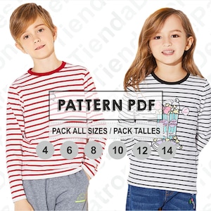 PATTERN T-shirt a maniche lunghe per bambini, cartamodello, digitale stampabile, modello PDF, confezione di tutte le taglie dalla 4 alla 14. Download immediato