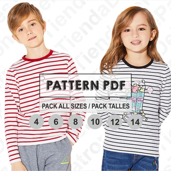 PATTERN Shirt Kids Long Sleeve, T-shirt for Children, Sewing Pattern, Digital, Pattern PDF, Pack Size 4 - 14, Instant Download