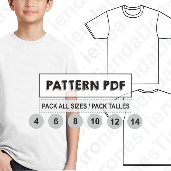 MUSTER Jungen-T-Shirt, Mädchen-T-Shirt, Schnittmuster, digital bedruckbar, PDF-Muster, Pack alle Größen 4 bis 14. Sofortiger Download