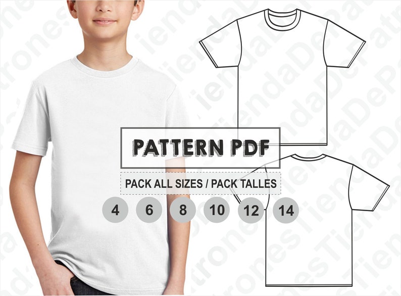 May include: A white t-shirt pattern PDF for kids, with a model wearing the shirt and a line drawing of the shirt. The pattern includes sizes 4, 6, 8, 10, 12, and 14.