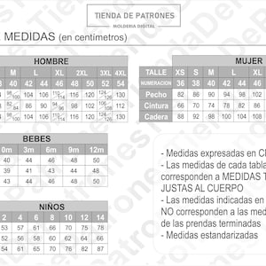 May include: A black and white chart with a table of measurements in centimeters for different sizes of clothing. The chart includes sizes for men, women, babies, and children. The chart is titled "Tabla de Medidas (en cent&iacute;metros)" which translates to "Measurement Chart (in centimeters)".