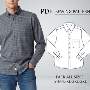 PATTERN Men’s Classic Button-Up Shirt, Shirt Long Sleeve Sewing Pattern, Digital, Pattern PDF, Pack all Sizes S-3XL, Instant Download