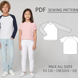 May include: A PDF sewing pattern for a raglan sleeve shirt, featuring a long-sleeve version and a short-sleeve version. The text reads PDF SEWING PATTERN and PACK ALL SIZES EU 116 – 158 (US 6 – 13). The pattern includes technical line drawings.