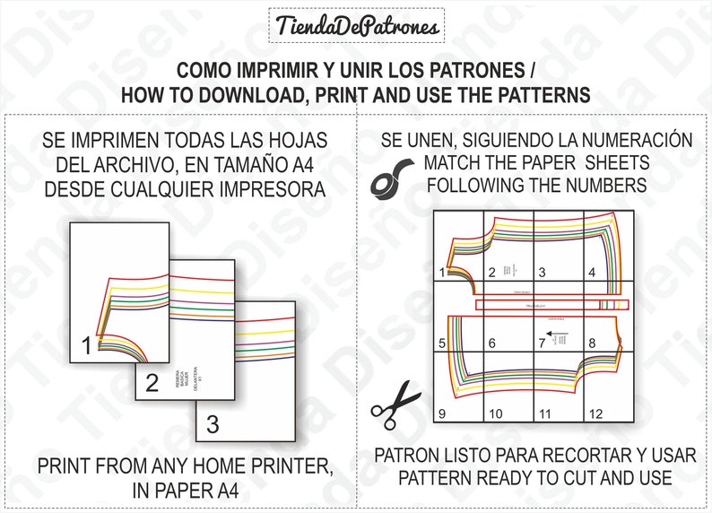 Puede incluir: Instrucciones sobre c&oacute;mo imprimir y ensamblar un patr&oacute;n de costura. La imagen muestra un diagrama de c&oacute;mo organizar las piezas del patr&oacute;n en papel tama&ntilde;o carta est&aacute;ndar. El texto dice "C&oacute;mo descargar, imprimir y usar los patrones".