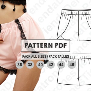 May include: Pale pink shorts with black lace edging. The image also shows a pattern PDF with sizes 36, 38, 40, 42, 44, and 46. The shorts have an elasticated waistband and a loose fit. The shorts are made of a soft, lightweight fabric.