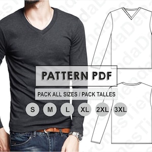 May include: A digital pattern for a long-sleeved V-neck shirt. The pattern includes sizes S, M, L, XL, 2XL, and 3XL. The text "PATTERN PDF" and "PACK ALL SIZES / PACK TALLES" is displayed on the image.