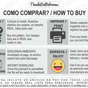 May include: A graphic with instructions on how to buy a pattern. The graphic includes a shopping cart, a printer, a smiley face, and an envelope. The text in the graphic says "Compra / Buy", "Imprime / Print", "Disfruta / Enjoy", and "Envio Gratis / Free Shipping".
