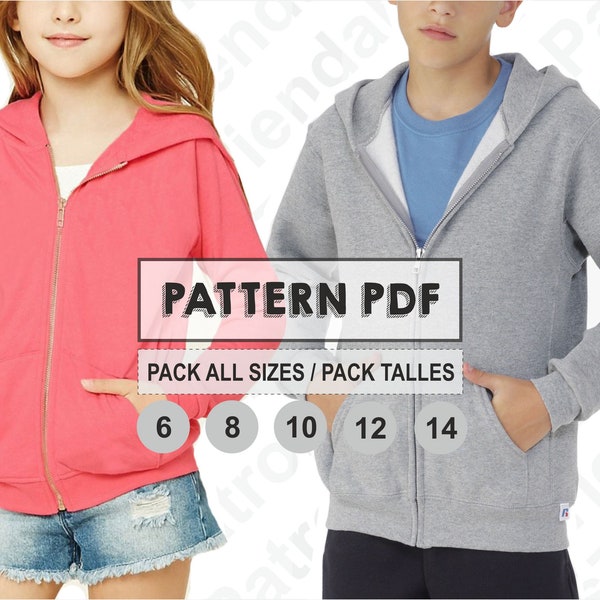 PATTERN Hoodie Jacket for Kids, Sewing Pattern, Digital, Pattern PDF, Pack All Sizes 6 - 14, Instant Download