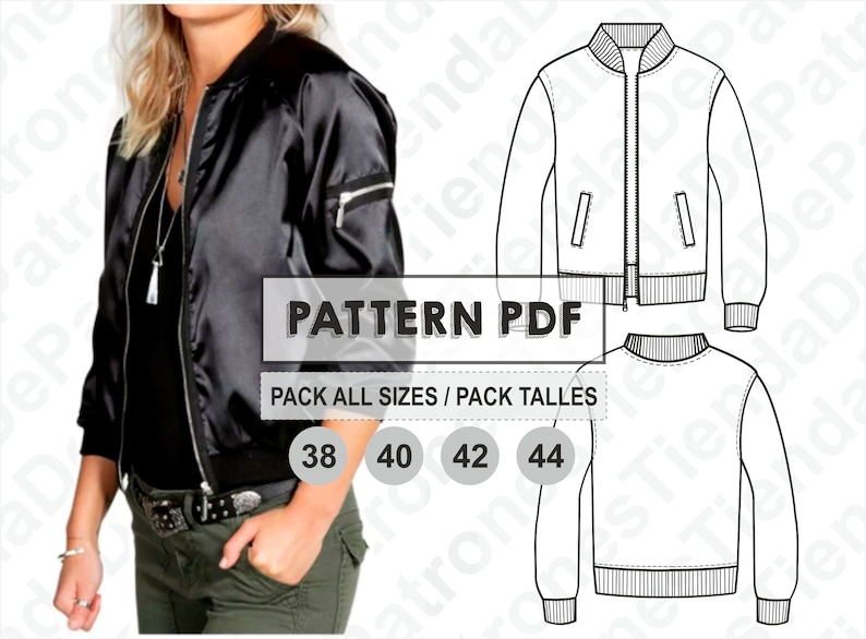 May include: A black bomber jacket sewing pattern in PDF format. The pattern includes sizes 38, 40, 42, and 44. The pattern is shown on a model wearing a black bomber jacket.