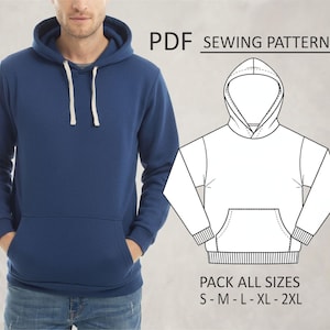May include: A navy blue hoodie with a front pocket and white drawstrings. The image also includes a PDF sewing pattern for a hoodie, with size options S-2XL.