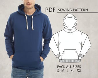 PATTERN Basic Hoodie for Men, Sewing Pattern, Digital, Pattern PDF, Pack Size S - 2XL, Instant Download