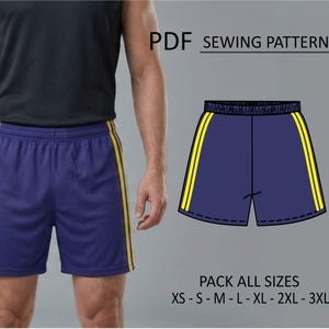 May include: Navy blue athletic shorts with yellow side stripes. The shorts are shown on a person and also as a sewing pattern. The text "PDF SEWING PATTERN" and "PACK ALL SIZES XS-S-M-L-XL-2XL-3XL" are visible.