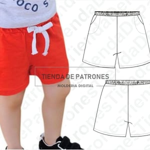 May include: A red pair of shorts with a white drawstring. The shorts are shown on a child wearing a grey shirt. The image also includes a line drawing of the shorts with a pocket on each side.