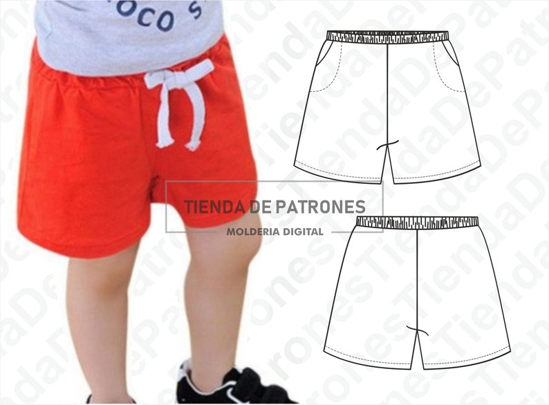 May include: A red pair of shorts with a white drawstring. The shorts are shown on a child wearing a grey shirt. The image also includes a line drawing of the shorts with a pocket on each side.
