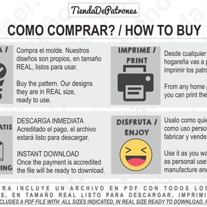 May include: A graphic with instructions on how to buy a pattern. The graphic includes a shopping cart, a printer, a smiley face, and an envelope. The text in the graphic says "Compra / Buy", "Imprime / Print", "Disfruta / Enjoy", and "Envio Gratis / Free Shipping".