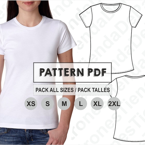 レディースTシャツの型紙、裁縫パターン、デジタル印刷可能、PDF型紙、XSから2XLまでの全サイズパック。送料無料。