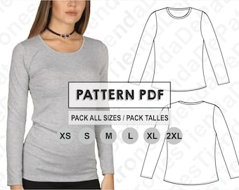 PATTERN Shirt Women Long Sleeve, Women's T-Shirts, Sewing Pattern, Digital, Pattern PDF, Pack Size XS - 2XL, Instant Download