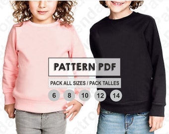 PATTERN Basic Sweatshirts for Kids, Sewing Pattern, Digital, Pattern PDF, Pack All Sizes 6 - 14, Instant Download