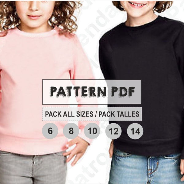 PATTERN Basic Sweatshirts for Kids, Sewing Pattern, Digital, Pattern PDF, Pack All Sizes 6 - 14, Instant Download