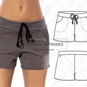 May include: A gray pair of shorts with a drawstring waist and side pockets. The shorts are shown on a model and are accompanied by a line drawing of the shorts.