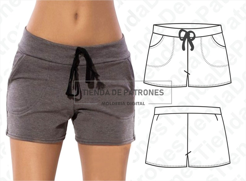 May include: A gray pair of shorts with a drawstring waist and side pockets. The shorts are shown on a model and are accompanied by a line drawing of the shorts.