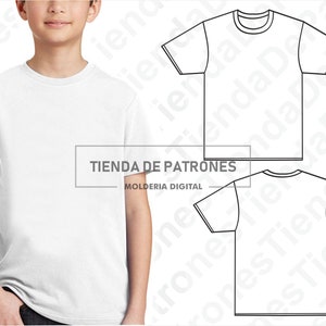 May include: A white t-shirt mockup with a child wearing the shirt on the left and a line drawing of the t-shirt on the right. The text "TIENDA DE PATRONES" and "MOLDERIA DIGITAL" is visible on the image.