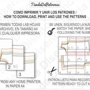 May include: Instructions on how to print and assemble a sewing pattern. The image shows a diagram of how to arrange the pattern pieces on standard letter-sized paper. The text reads "How to download, print and use the patterns".