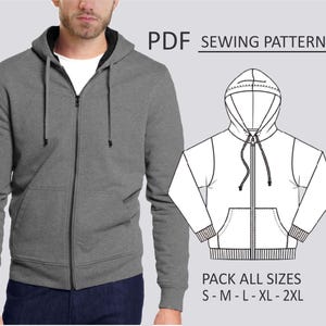PATRON Buzo Campera Capucha Hombre, Patrón de costura, Digital Imprimible, Patron PDF, Pack todos los talles XS al 2XL. Descarga Inmediata