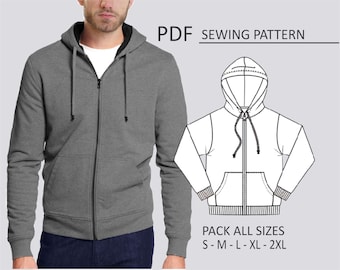 Modello per giacca con cappuccio da uomo, modello da cucito, stampabile in digitale, modello PDF, confezione da tutte le taglie dalla XS alla 2XL. Download immediato.