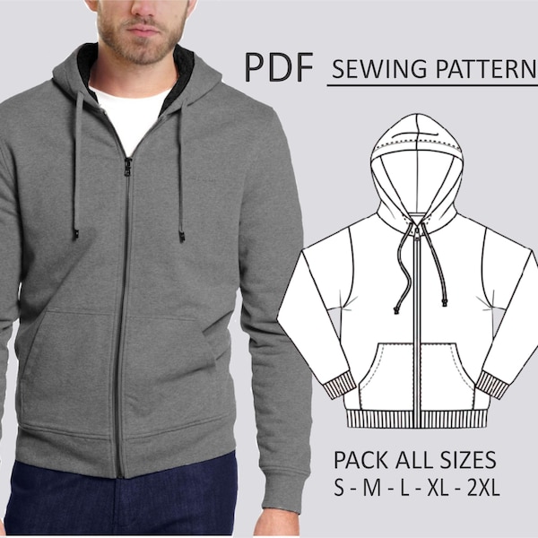 PATTERN Men's Hoodie Jacket, Pattern Sewing, Digital, PDF, Pack Size XS - 2XL, Instant Download