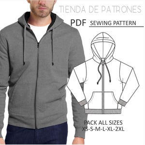 Patroon voor een herenhoodie, naaipatroon, digitaal printbaar, PDF-patroon, pakket met maten XS tot 2XL. Direct te downloaden.