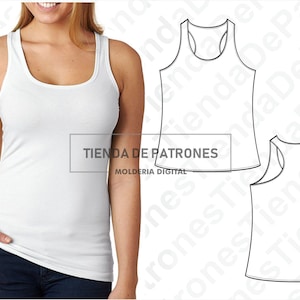 May include: A white tank top with a scoop neck and racerback design. The tank top is shown on a model wearing blue jeans. The image also includes a line drawing of the tank top.