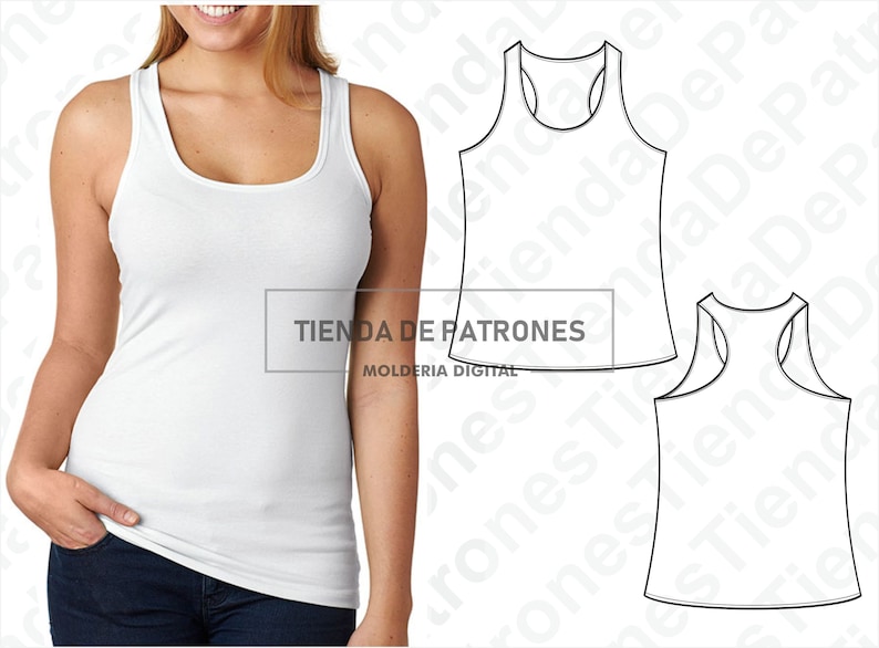 May include: A white tank top with a scoop neck and racerback design. The tank top is shown on a model wearing blue jeans. The image also includes a line drawing of the tank top.