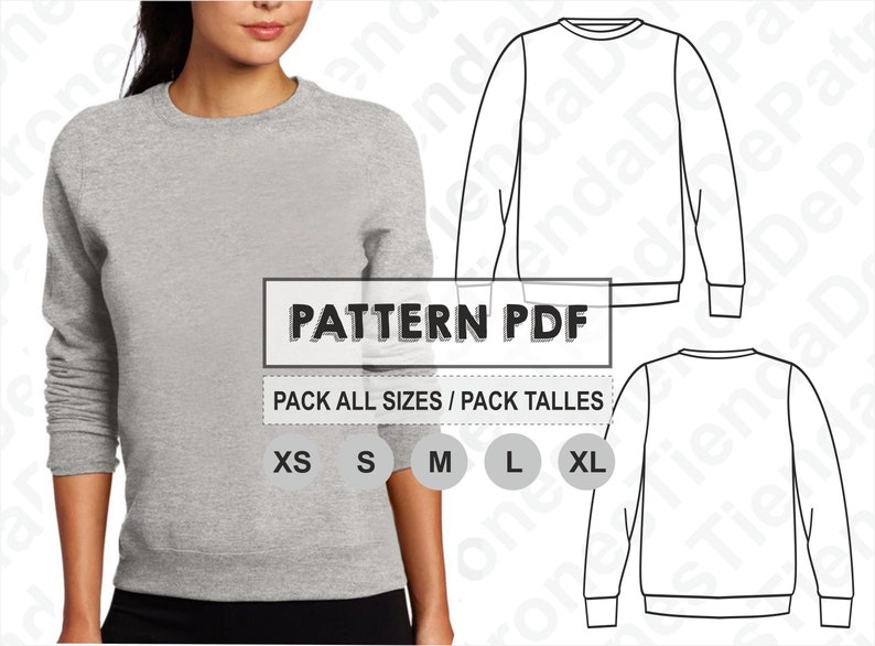 PATRON Buzo Basico Mujer, Patrón de Costura, Digital Imprimible, Patron en PDF, Pack todos los talles XS al Xl. Envío Gratis imagen 1