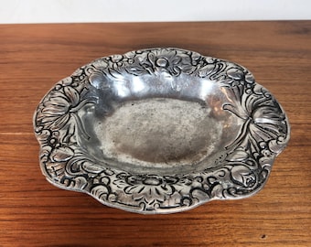 Vintage Jorsil Pewter Trinket Dish, Floral Ring and Jewelry Holder, Portuguese Silver Tone Decor
