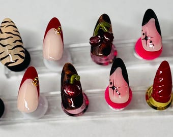 Handmade Cherry Red French Tip Press-On Nails: 3D Accents
