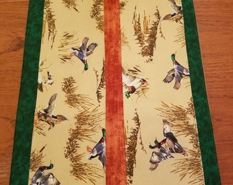 Mallards in Motion- beautiful wetlands scene with ducks in flight- nature-themed table runner- 13.75” by 41.5”