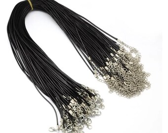 Black Waxed Cotton Cord Necklace, 17" with Extender