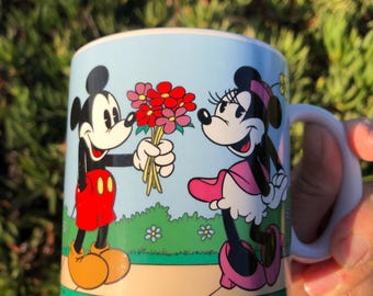 Vintage 1985 Disney Applause Coffee Mug, Mickey & Minnie with Flowers