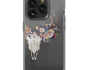 Boho Deer Skull Clear Phone Case: Floral Feathers Design